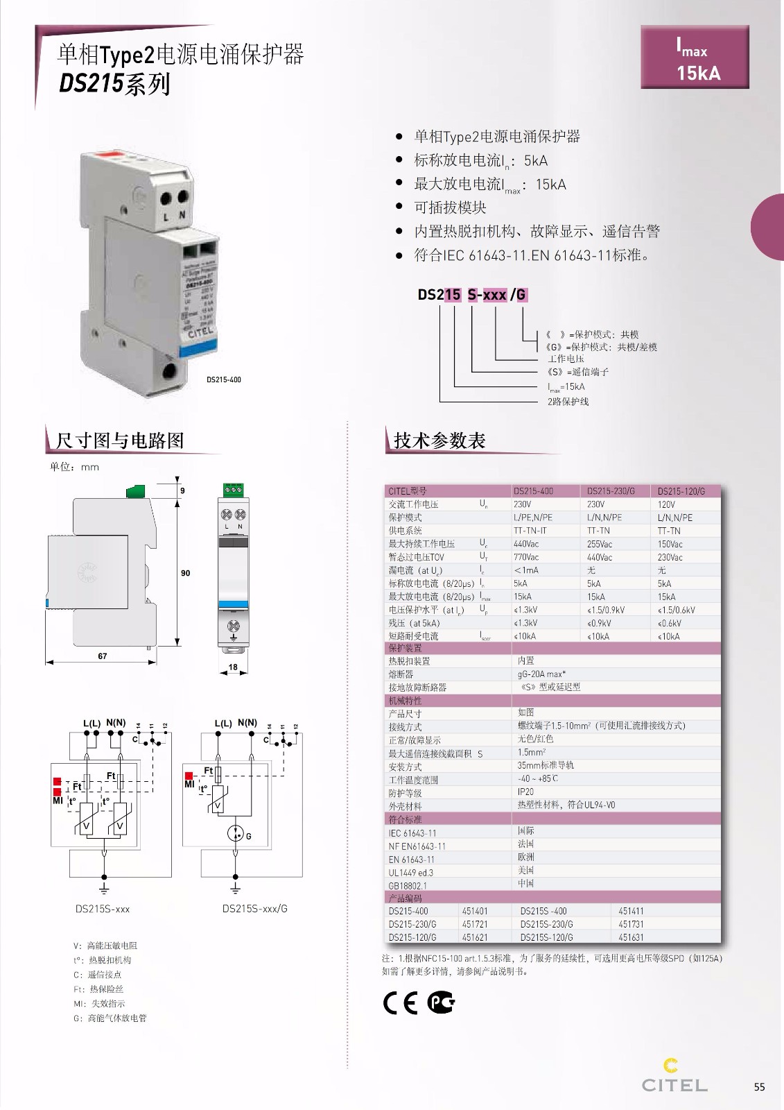 交流防雷器DS215系列電源電涌保護器技術參數(shù)
